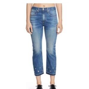 Rag & Bone Cropped Jeans Studded Grommet Straight Leg Eyelet Raw Hem Denim Sz 26